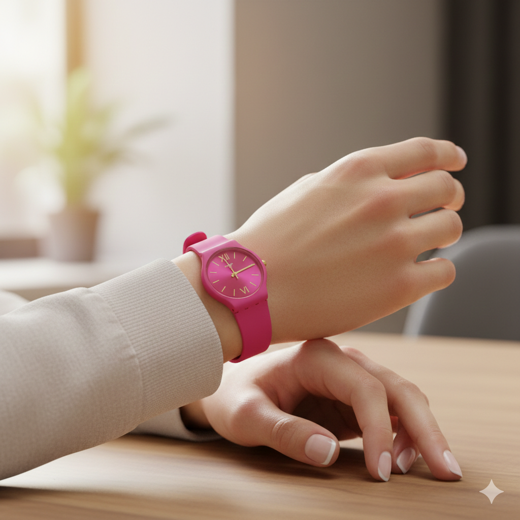 Montre Swatch Rose Élégante avec Détails Dorés