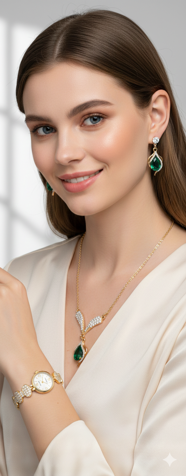 Coffret Parure Romantique 3-en-1 – Montre Dorée, Collier Perles & Cœur et Boucles d'Oreilles