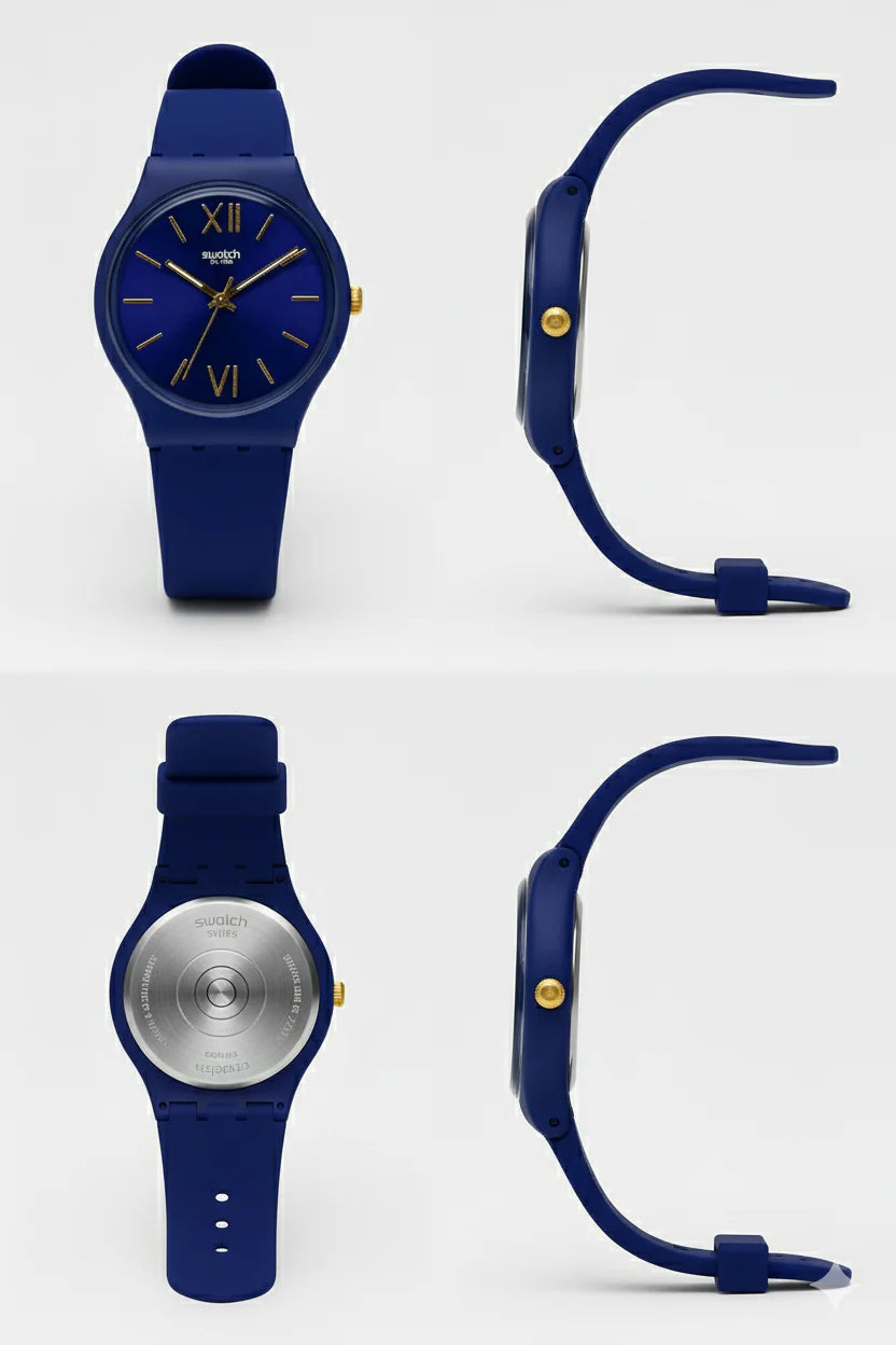 Montre Swatch Bleue Marine Élégante avec Détails Dorés