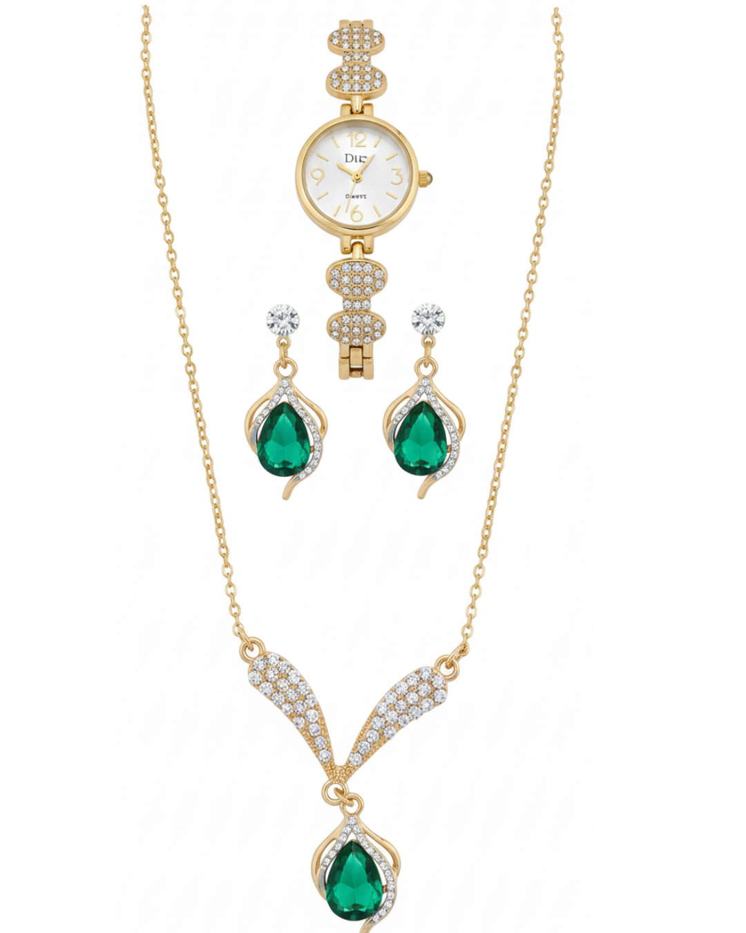 Coffret Parure Romantique 3-en-1 – Montre Dorée, Collier Perles & Cœur et Boucles d'Oreilles